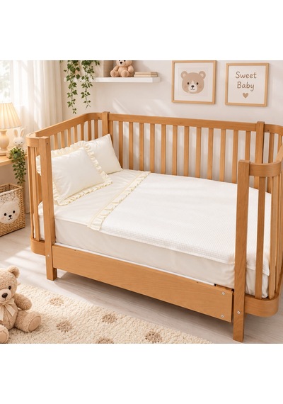 Sallhome Baby Ekru Fırfırlı Bebek Pike Takımı 4 Parça 90x120 Cm Pamuklu Pike, Çarşaf Ve 2 Yastık Kılıfı