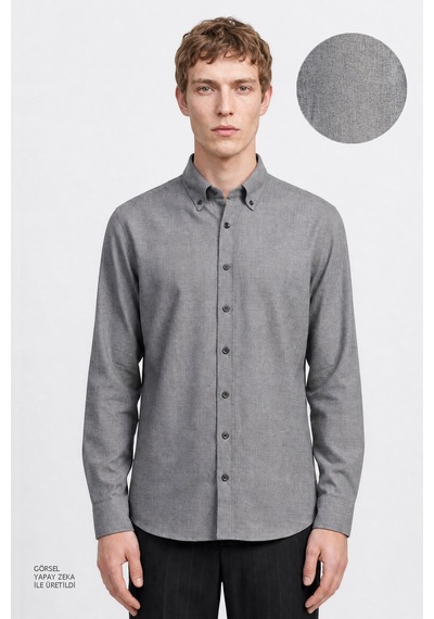 Altınyıldız Classıcs Erkek Grı Pamuklu Slim Fit Dar Kesim Düğmeli Yaka Diagonal Desenli Flanel Gömlek Gri