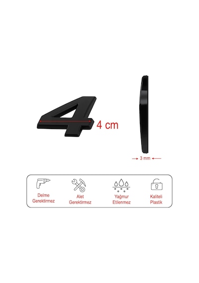 Lexroo Yapışkanlı Kapı Numarası Küçük Boy 50 Mm 5 Cm Numara 4 Rakam Dört Sayı Siyah Renk Numaralar Standart