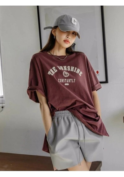 Flood Of Style Kadın Kahverengi Beyaz The Sunshine Baskılı Oversize Bisiklet Yaka Tshirt
