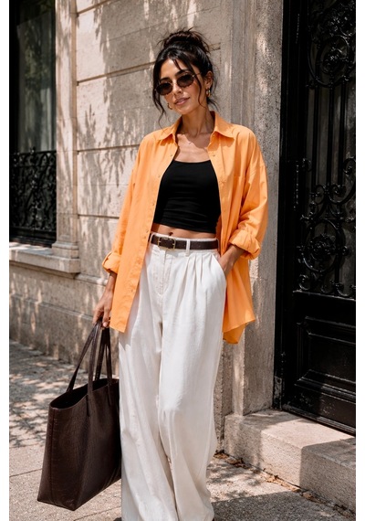 Bb Butik Basic Kadın Oversize Poplin Gömlek Uzun Kollu Basic Gömlek Tr0735 turuncu