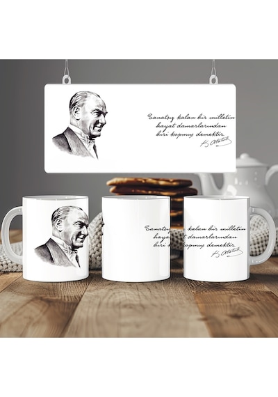 Atatürk Sözleri Ve Resmi Kupa Bardak - Mustafa Kemal İmzalı - '' Sanatsız Kalan Bir Milletin '' Beyaz