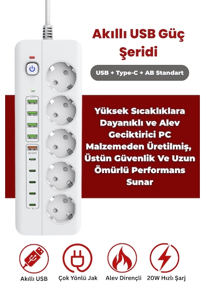 Pro P13 3000w Akım Korumalı 5 Girişli Type-c Ve Usb Girişli Uzatmalı Grup Priz 0.2 M