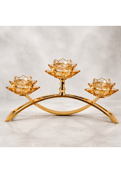 Altın Lotus 3 Saplı Kristal Cam Mumluk Dekoratif Şamdan Amber - Gold