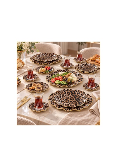 6 Kişilik 31 Parça Leopar Desenli Çeyizlik Kahvaltı Ve Servis Seti Gold Detaylı Kahverengi