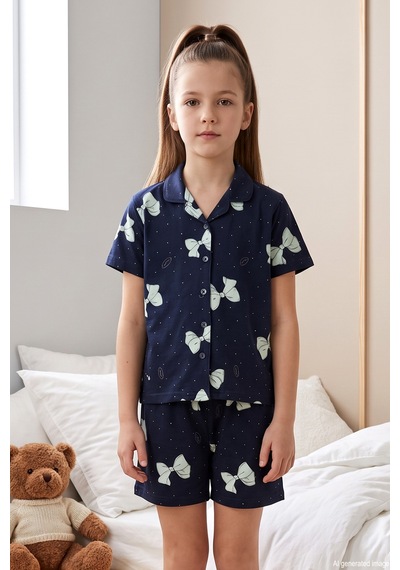 Aydoğan Önü Düğmeli Şortlu Kız Çocuk Süprem Pamuklu Pijama Takımı 260278 Lacivert