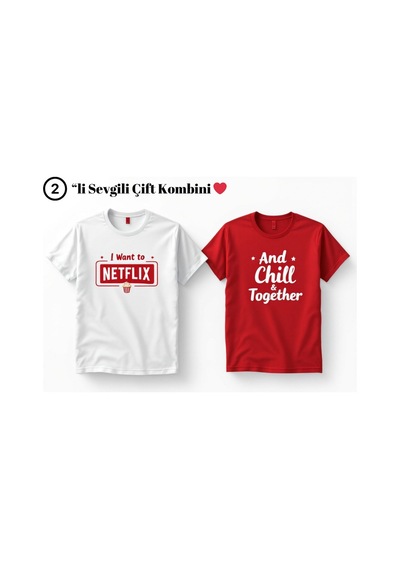 Technomonkey Netflix And Chill Baskılı Sevgili Çift Kombini Regular 2'li Takım T-shirt Beyaz