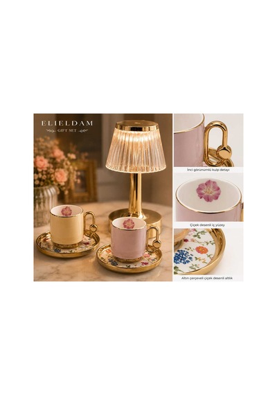 Doğum Günü, Yeni Ev, Özel Gün,yeni İş Hediyesi Şarjlı Dokunmatik Kristal Gold Masa Lambası & Kahve Fincan Takımı Hediye Seti Çok Renkli