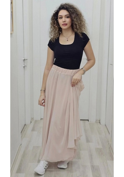 Lodmela Bel Lastikli Kloş Şifon Etek 6003-pudra Pudra
