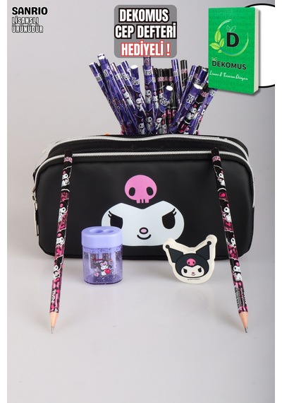X Dekomus Lisanslı Kuromi Dark Delight Collection Kalem Çantası,2 Adet Kurşun Kalem,silgi,kalemtraş Seti Altın
