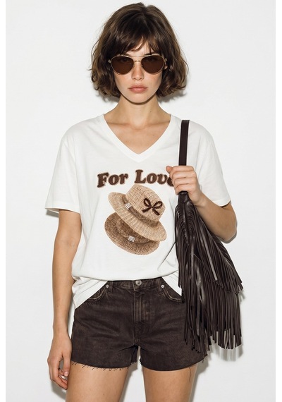 Kadın V Yaka For Love Nakış Ve Boncuk İşlemeli Oversize T-shirt 2240 60286329 - Beyaz