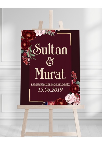 Söz Nişan Düğün İçin 50x70 Karşılama Panosu - Kırmızı Çiçek Temalı Beyaz