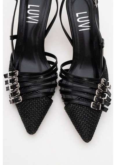 Luvishoes Luvi Shoes Zenith Siyah Hasır Bantlı Tokalı Kadın Topuklu Ayakkabı Siyah