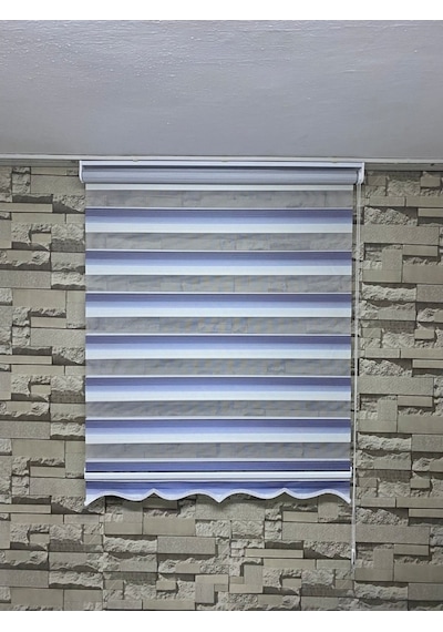 Mavi Gri Mini Plise Zebra Perde (Etekli)