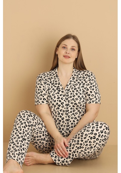 Wordex Mirano 2850 Desenli Milan Kumaş Kısa Kollu Düğmeli Büyük Beden Kadın Pijama Takımı Leopar