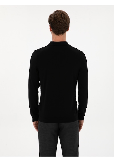 Cacharel Siyah Slim Fit Yün Karışımlı Polo Yaka Triko Kazak
