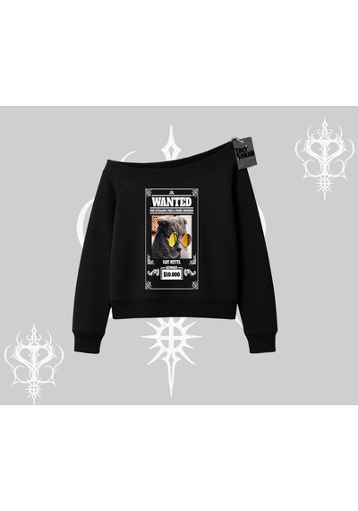Startmore Wanted Temalı Kedi Baskılı Kayık Yaka Sweatshirt Siyah