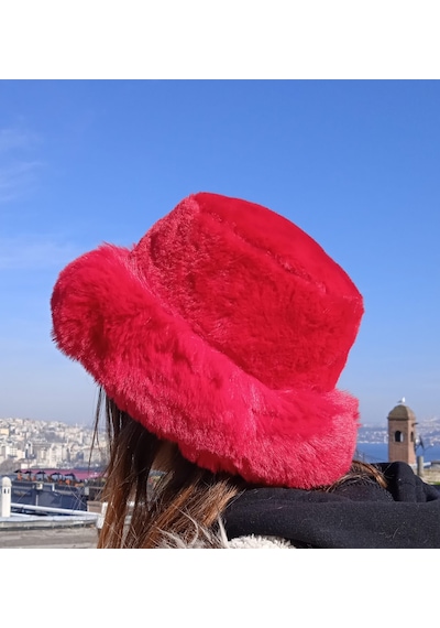 Shopiolog Pofidik Peluş Şapka Kışlık Suni Kürk Kalpak Kımızı Kova Şapka Kırmızı