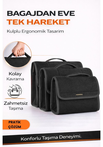 Oto Bagaj Organizer Bagaj Çantası 3'lü Kombo Boy Kaymaz Cırt Bantlı Velur Kompakt Düzenleyici - Vcx3