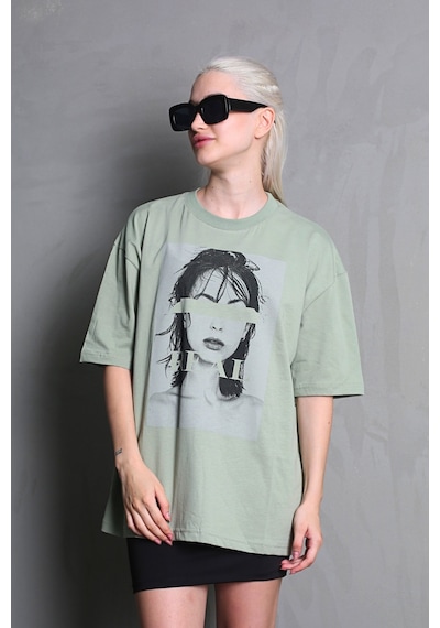 Çağla Yeşili Oversize Baskılı Kadın Tişört Mg1764 Yeşil