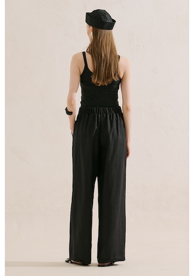 Manuka Keten Geniş Paça Pantolon Siyah Ss26pnt00039-01
