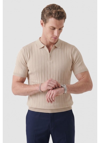 Deepsea Erkek Bej Polo Yaka Fermuarlı Çizgi Dokulu Regular Fit Likralı Triko Tişört 2608008