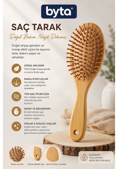 Ahşap Saç Fırçası Masaj Uçlu, Ergonomik Saplı, Düğüm Açıcı Doğal Görünümlü Saç Tarağı