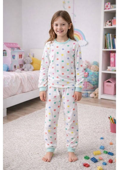 Kız Çocuk Renk Paleti Desenli 8 - 13 Yaş Pijama Takımı Beyaz