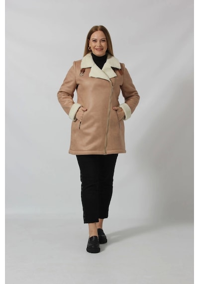 Moda Berray 3262 Uzun İçi Kürklü Boğazı Kemer Detaylı Kaban Vizon Kahverengi