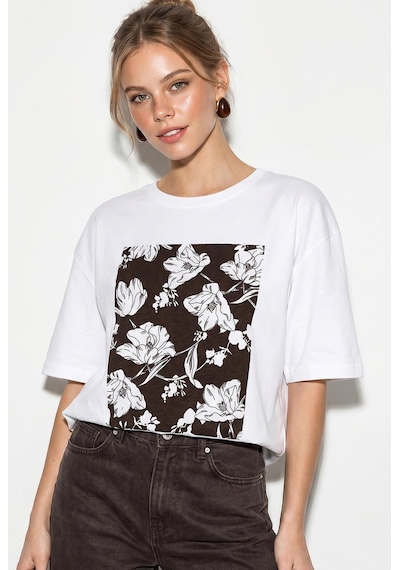 Shade Kadın Bisiklet Yaka Çiçek Baskılı Oversize %100 Pamuklu T-shirt Öt100001 60286273 - Beyaz-kahve Beyaz - Kahverengi