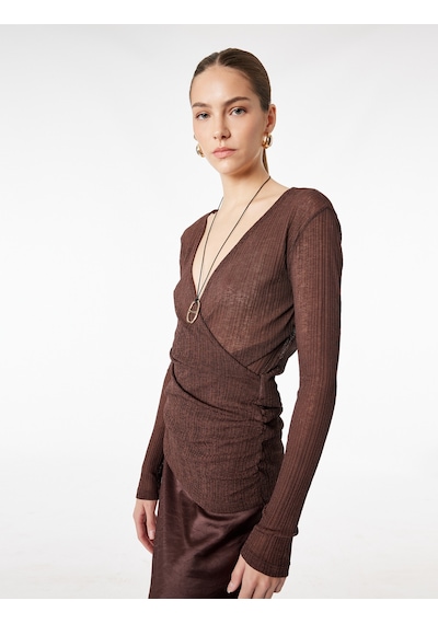 Koton Slim Fit Uzun Kollu Dokulu V Yaka Kruvaze Bluz Kahverengi 6sak80137ek Kahve