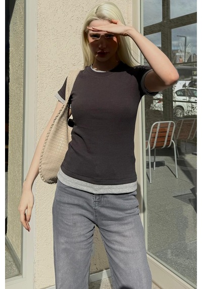Siyah Bisiklet Yaka Çift Renkli Basic Tişört Mg2682 Siyah