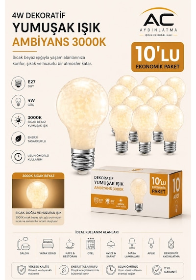 10'lu Paket 4w Dekoratif Led Ampul E27 Duy 3000k Sarı Işık Yumuşak Ambiyans Aydınlatma