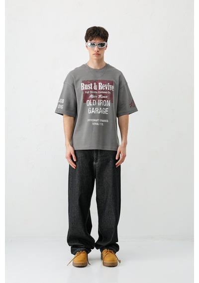 Vamos Oversize Baskılı Tişört V70-167 Füme