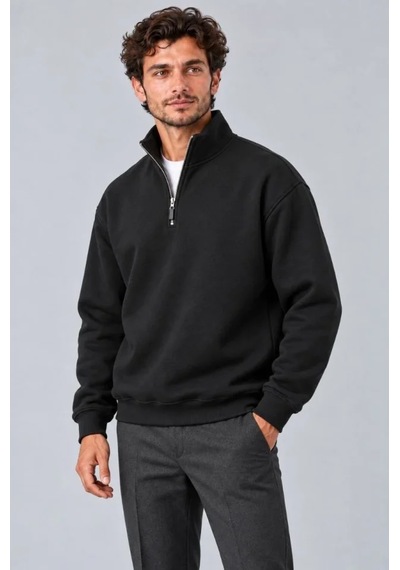 Erkek Üç İplik İçi Şardonlu Dik Yaka Yarım Fermuarlı Kışlık Sweatshirt - Siyah