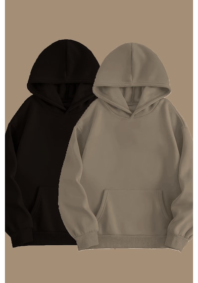 Blackjack Giyim Unisex Gri Siyah 2'li Kapüşonlu Oversize Sweatshirt Hoodie Siyah-bej