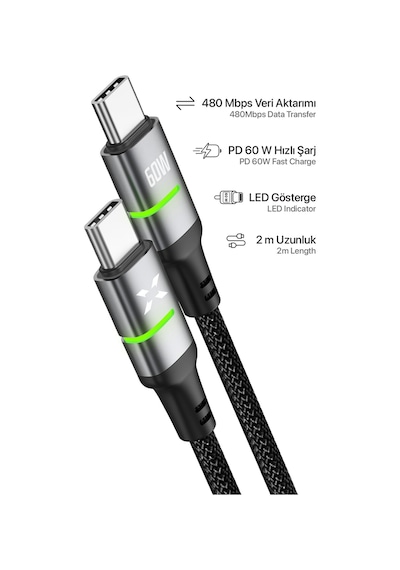 Xenon Smart Type C Hızlı Şarj Kablosu Type-c To Type-c, 60w, 480 Mpbs, 2m, Pd, Örgü, Led Göstergeli X6422
