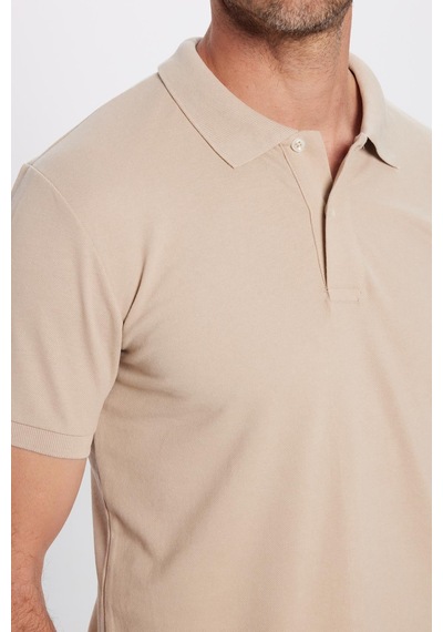 Tudors Erkek Slim Fit Dar Kesim Pamuklu Yumuşak Dokulu Serin Tutan Kumaş Düz Pike Taş Renk Polo Yaka Tişört-31630