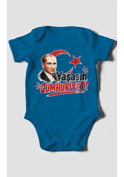 Morivokids Yaşasın Cumhuriyet Kısa Kollu Bebek Body %100 Pamuk Koyu Mavi