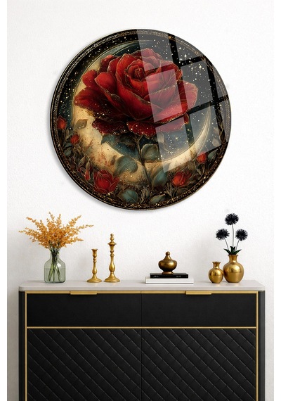 Kırmızı Gül Gold Yuvarlak Cam Tablo Modern Sanat Tablosu Canlı Renkli Baskı Ofis Ve Çalışma Odası Anlamlı Hediye Seçeneği 4mm Kırılmaz Cam