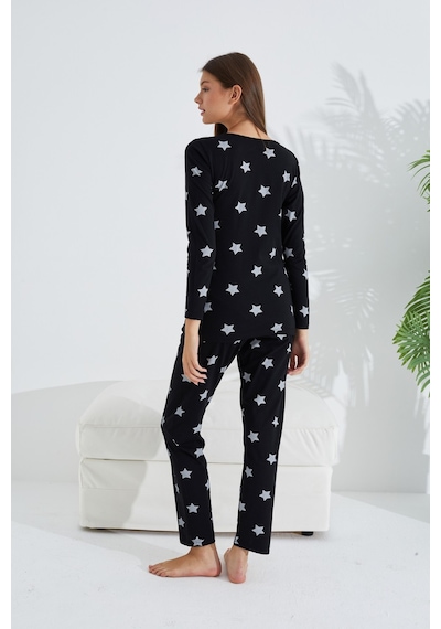 Siyah İnci Pamuklu Pijama Takımı 7681 Siyah Beyaz Yıldız