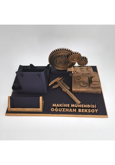 Kişiye Özel Makine Mühendisi Masa İsimliği Ve Kartvizitlik Gold - Siyah