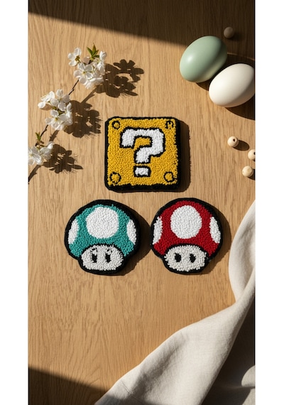 El Yapımı Punch Nakışlı 3'lü Super Mario Temalı Bardak Altlığı Seti - Retro Gamer Hediye Çok Renkli