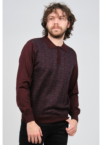 Woolman Erkek Desenli Polo Yaka Yün Kazak 1572001 Bordo Bordo Beyaz