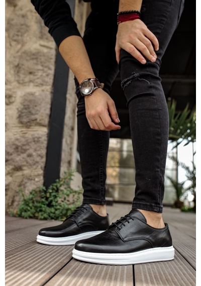 Roof Atelier Erkek Siyah Beyaz Hakiki Deri Casual Günlük Ayakkabı - 003 - Dbt Classica Pelle Di Cuoio Siyah