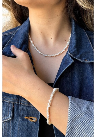 5,5 Mm Bahreyn İnci Kolye Bileklik İkili Set 45 Cm / Sarı Gümüş
