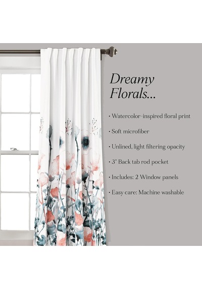 Zuri Flora Oda Karartma Pencere Perdesi Panel Çifti, 160 Cm Uzunluk X 132 Cm Genişlik, Mavi Ve Mercan