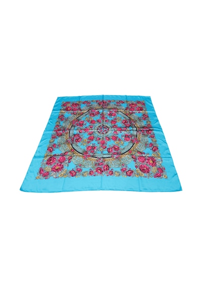 Tikitonki Çiçek Desenli Turkuaz Bohem Saten Eşarp - 90x90 Turkuaz Turkuaz