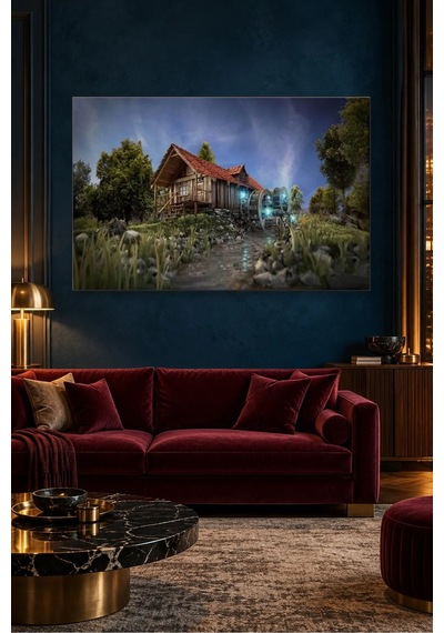 Fida Gece Işıklı Su Değirmenli Ahşap Kulübe Canvas Tablo
