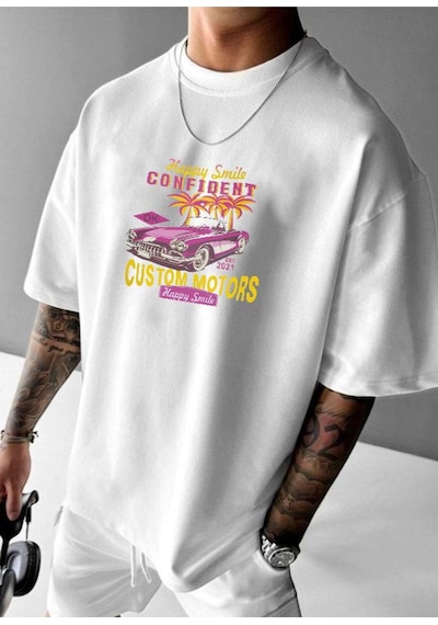 Custom Motor Baskılı Oversize Tişört BEYAZ